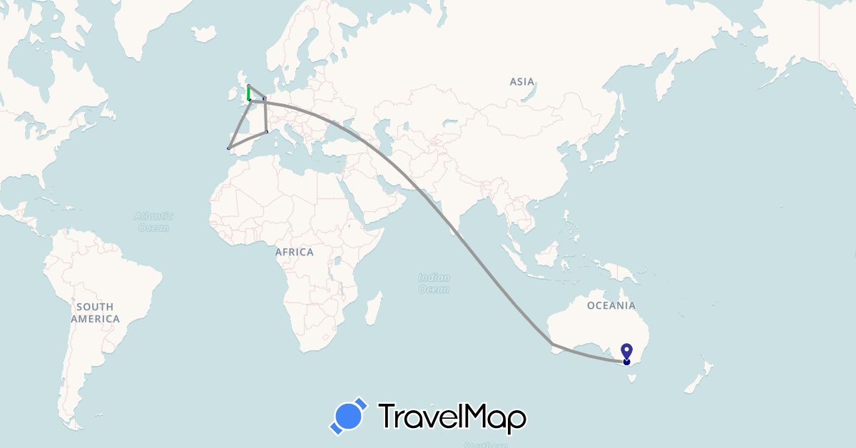 TravelMap itinerary: driving, bus, plane in Australia, France, United Kingdom, Netherlands, Portugal (Europe, Oceania)